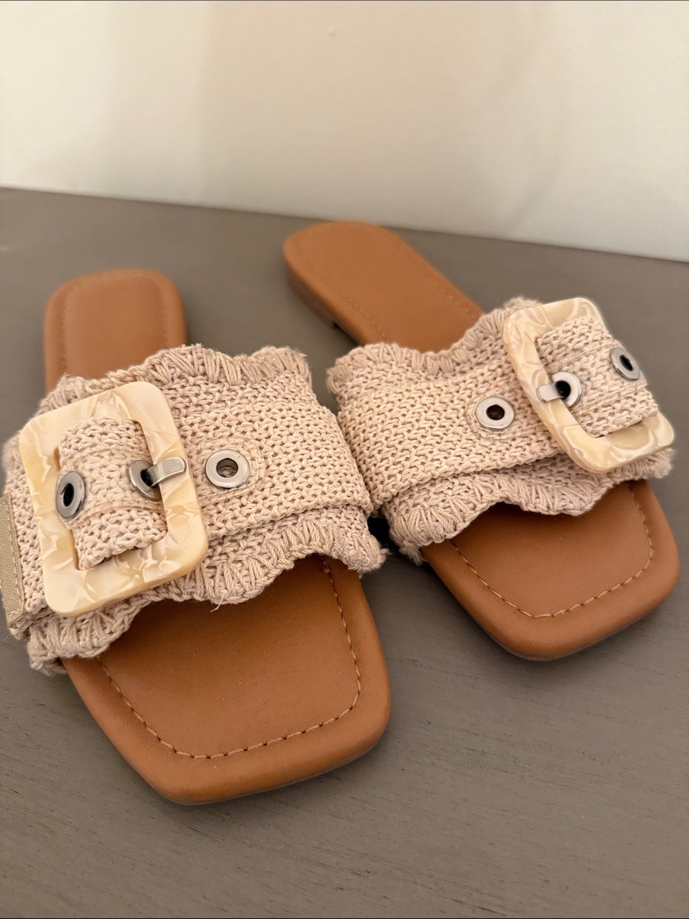 Beige Crochet Slide Sandals with Resin Buckles